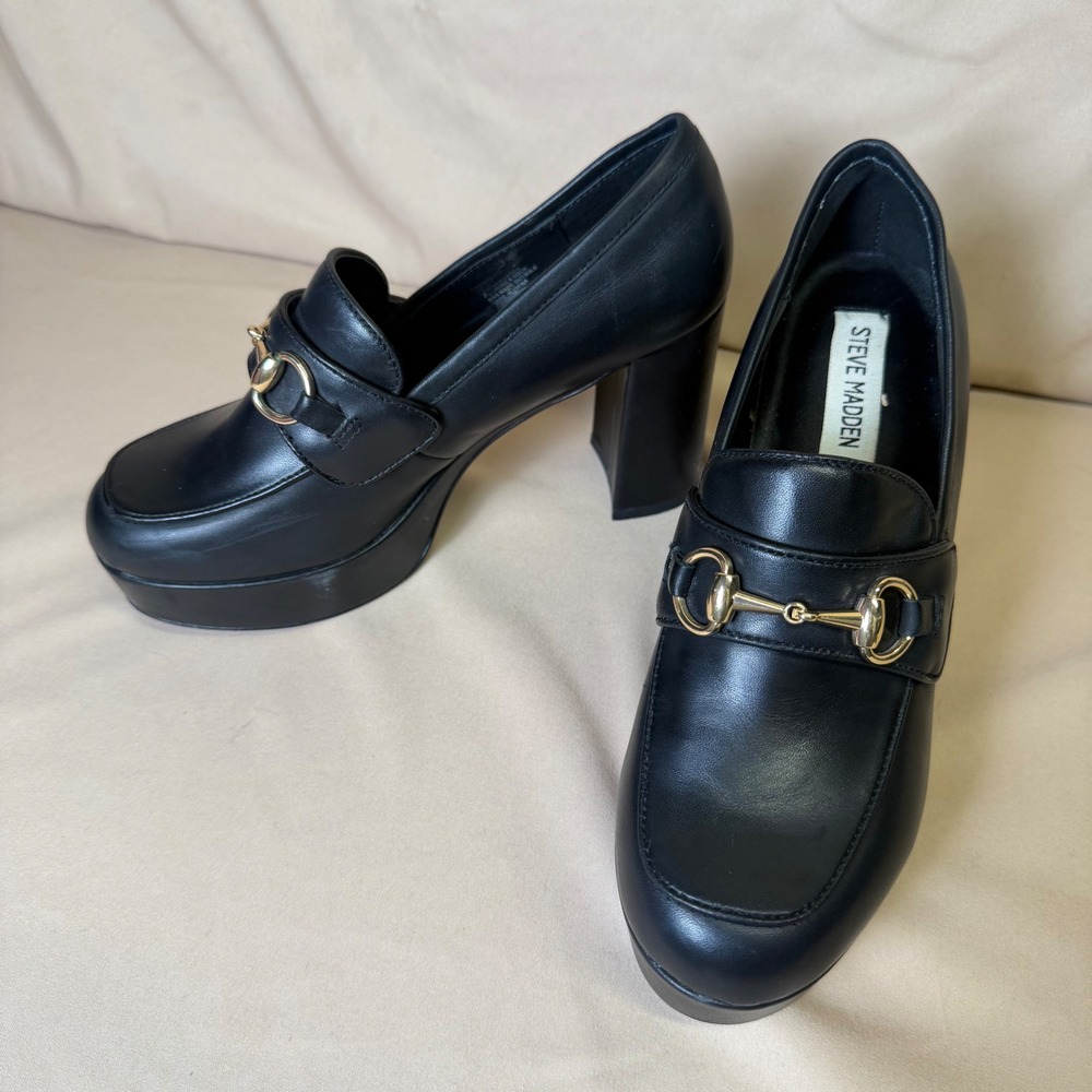Steve Madden Cinderella Black Leather Platform Horsebit Loafers Block Heel 7M
